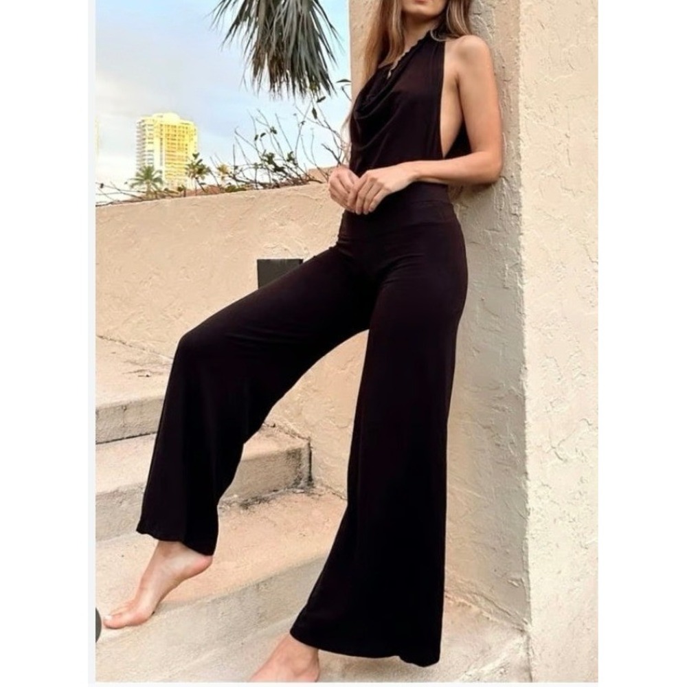 Aria Lattner Organic Bamboo Cowl Neck‎ Open Back Wide Leg Jumpsuit Black XL